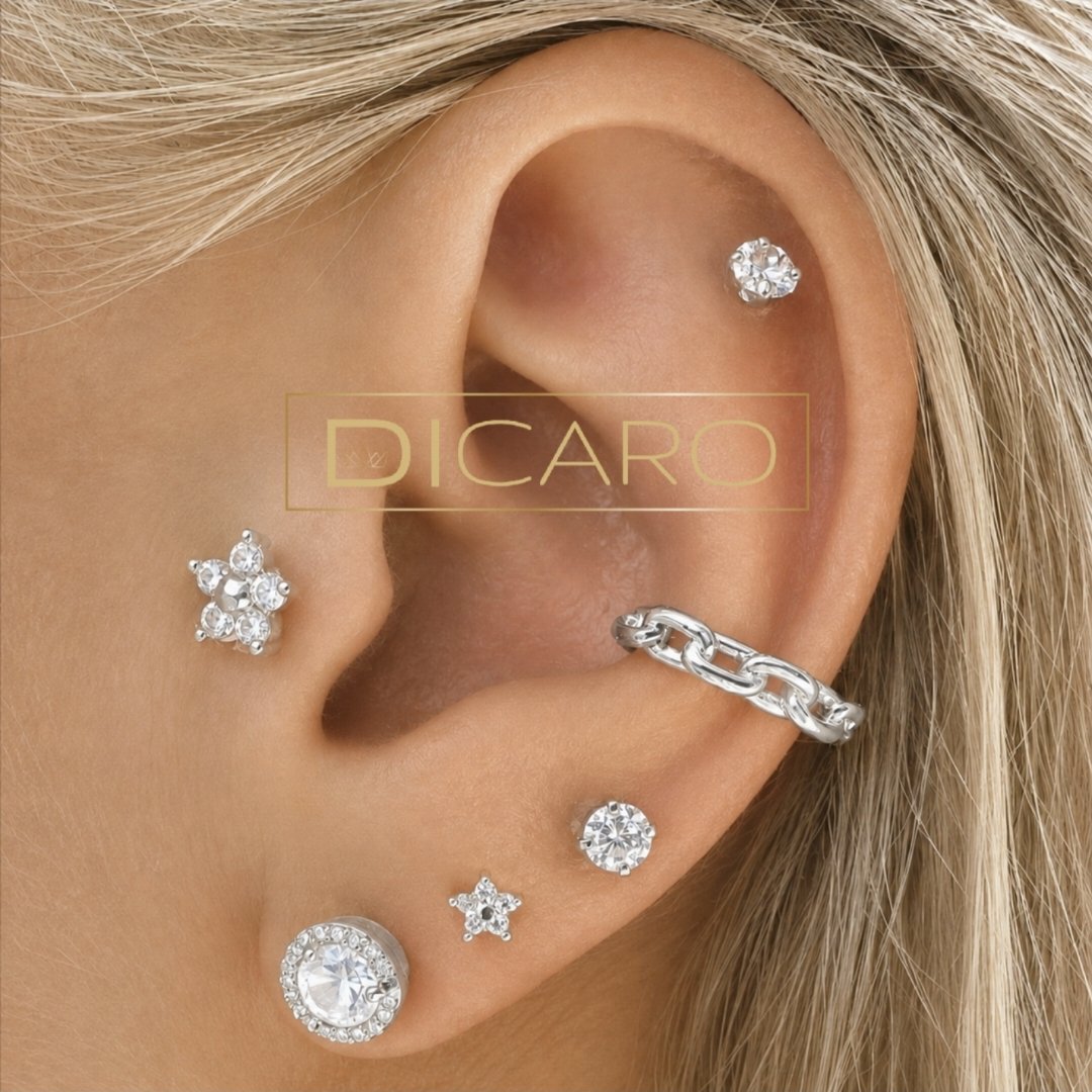 Piercing do ucha Mini Flower s bielymi kryštálikmi – strieborný – Obrázok 2